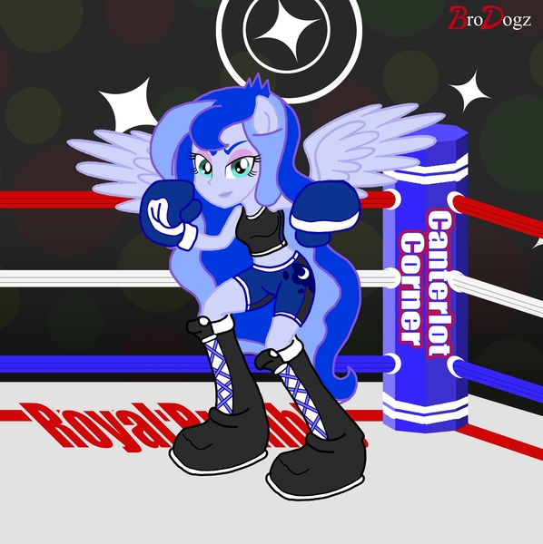 Size: 1932x1937 | Tagged: safe, artist:brodogz, derpibooru import, princess luna, equestria girls, boxing, boxing ring, canterlot corner, ponied up, pony ears, pose, solo, vice principal luna, winged humanization