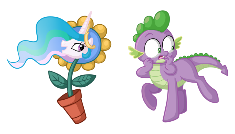 Size: 3024x1728 | Tagged: artist:thecheeseburger, centaur, centaur spike, derpibooru import, dragontaur, frown, idw, looking back, open mouth, princess celestia, raised hoof, raised leg, safe, simple background, smiling, spike, spike the taur, sunflower, taur, transparent background, wat, wide eyes