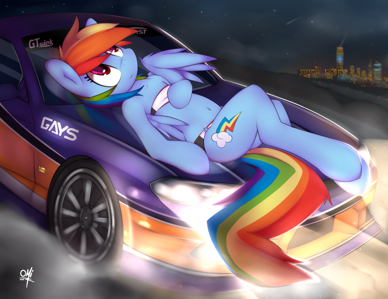 Size: 5100x3927 | Tagged: artist:omi, backwards cutie mark, bandeau, belly button, bikini, car, clothes, dead source, derpibooru import, fast and furious, female, midriff, mona lisa, night, nissan, nissan silvia, rainbow dash, semi-anthro, sexy, solo, solo female, stupid sexy rainbow dash, suggestive, supercar, swimsuit