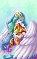 Size: 800x1280 | Tagged: safe, artist:chanceyb, derpibooru import, princess celestia, sunset shimmer, alicorn, pony, unicorn, begging, crying, forgiveness, heartwarming in hindsight, hug, momlestia, reunion, tears of joy, the prodigal sunset