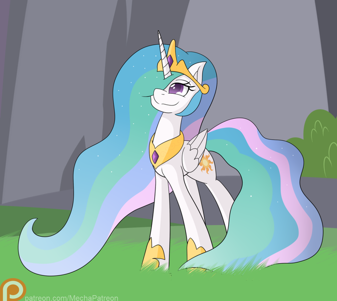 Size: 1280x1143 | Tagged: safe, artist:mechanized515, derpibooru import, princess celestia, grass, hair over one eye, patreon, smiling, solo, standing