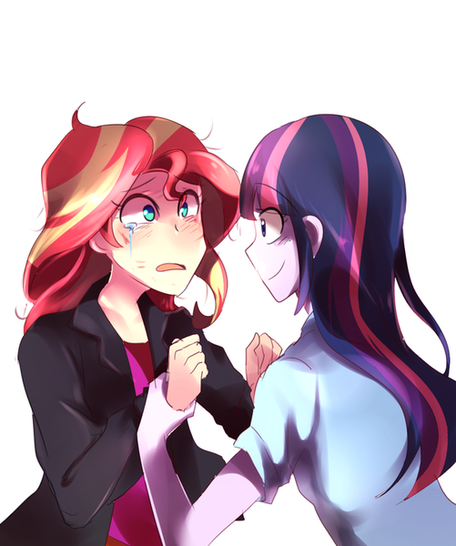 Size: 600x719 | Tagged: safe, artist:myomel, derpibooru import, sunset shimmer, twilight sparkle, equestria girls, crying