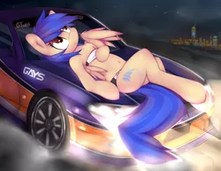Size: 5100x3927 | Tagged: artist:omi, bandeau, belly button, bikini, breasts, car, clothes, delicious flat chest, derpibooru import, fast and furious, female, midriff, night, nissan, nissan silvia, oc, oc:silvia, semi-anthro, smiling, solo, solo female, suggestive, supercar, swimsuit, unofficial characters only