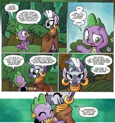 Size: 881x944 | Tagged: artist:agnesgarbowska, cloak, clothes, derpibooru import, hug, idw, safe, spike, spoiler:comic, spoiler:comicff21, zebra, zecora