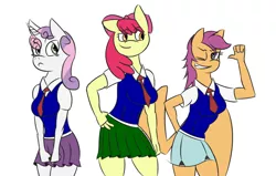 Size: 1274x809 | Tagged: safe, artist:mrironmustang, derpibooru import, apple bloom, scootaloo, sweetie belle, anthro, earth pony, pegasus, unicorn, age progression, clothes, cutie mark crusaders, older, school uniform, simple background, skirt, skirtaloo, white background