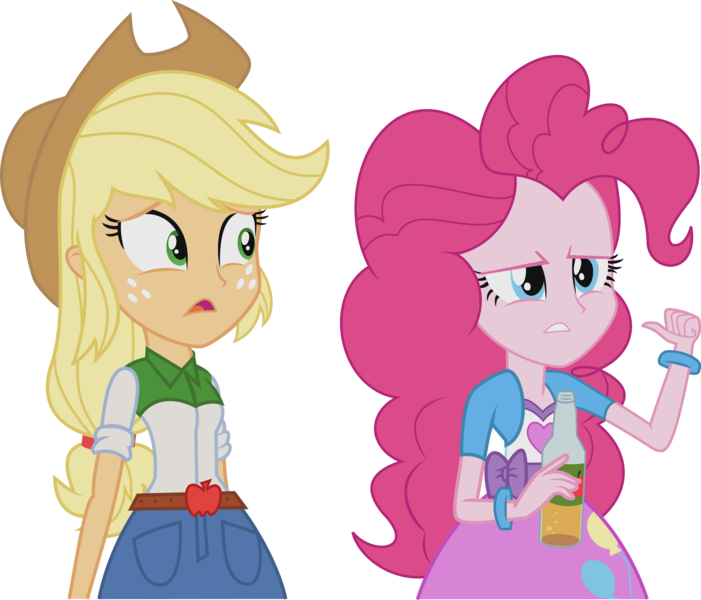 Size: 6882x5891 | Tagged: safe, artist:sparklov, derpibooru import, applejack, pinkie pie, equestria girls, absurd resolution, apple cider, balloon, bottle, bracelet, cider, clothes, cowboy hat, denim skirt, duo, freckles, hat, jewelry, open mouth, simple background, skirt, stetson, transparent background, vector