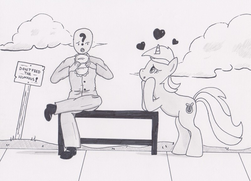 Size: 3225x2334 | Tagged: artist:flyinghorseman, bench, cute, derpibooru import, hand, heart, human, lyra heartstrings, monochrome, oc, oc:anon, park, safe, sandwich, stalker, stalking, that pony sure does love hands, that pony sure does love humans, traditional art