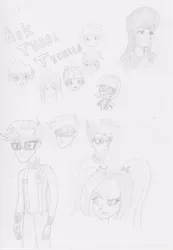 Size: 2111x3043 | Tagged: safe, artist:flyinghorseman, derpibooru import, aria blaze, bright idea, microchips, octavia melody, photo finish, scribble dee, wiz kid, equestria girls, cute, monochrome, potential idea, sketch dump, techies, traditional art