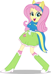 Size: 6000x8672 | Tagged: safe, artist:deathnyan, derpibooru import, fluttershy, equestria girls, .psd available, absurd resolution, boots, canterlot high, clothes, crossed arms, fake tail, helping twilight win the crown, long hair, looking at you, open mouth, pony ears, pose, school spirit, simple background, skirt, solo, transparent background, vector, wondercolts