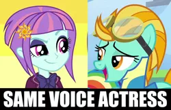 Size: 696x448 | Tagged: safe, derpibooru import, lightning dust, sunny flare, equestria girls, friendship games, britt irvin, exploitable meme, meme, same voice actor, voice actor