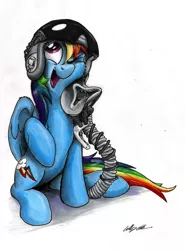 Size: 1986x2681 | Tagged: safe, artist:mattings, derpibooru import, rainbow dash, backwards cutie mark, cute, dashabetes, helmet, looking up, mask, oxygen mask, simple background, solo, wink