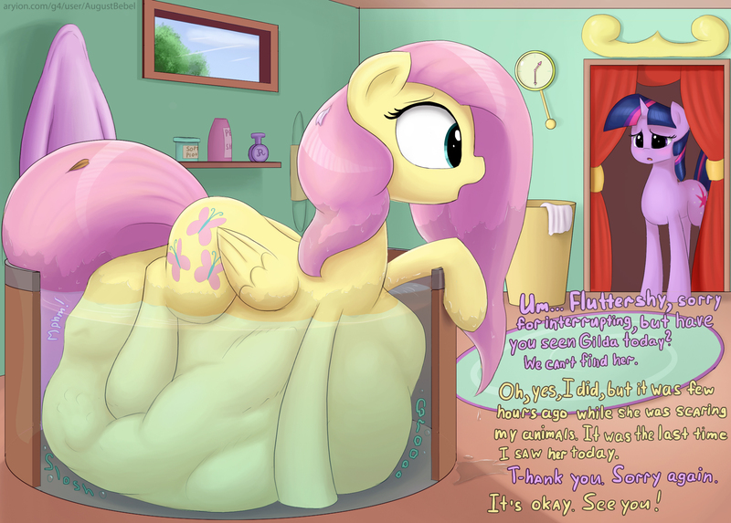 Size: 2442x1748 | Tagged: questionable, semi-grimdark, artist:augustbebel, derpibooru import, fluttershy, gilda, twilight sparkle, gryphon, bath, belly, dialogue, digestion, fetish, flutterpred, imminent death, impossibly large belly, not another pony vore pack, remake, stomach noise, tight bulge, vore