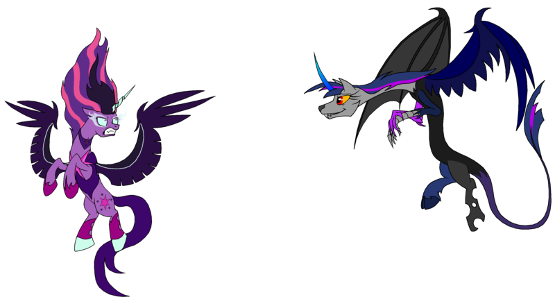 Size: 3072x1692 | Tagged: safe, alternate version, artist:rexlupin, derpibooru import, sci-twi, twilight sparkle, ponified, draconequus, equestria girls, friendship games, angry, corrupted, double trouble, draconequified, duel of the century, equestria girls ponified, flying, implied apocalypse, midnight sparkle, plotting, plotting your demise, self paradox, species swap, twikonequus, xk-class end-of-the-world scenario