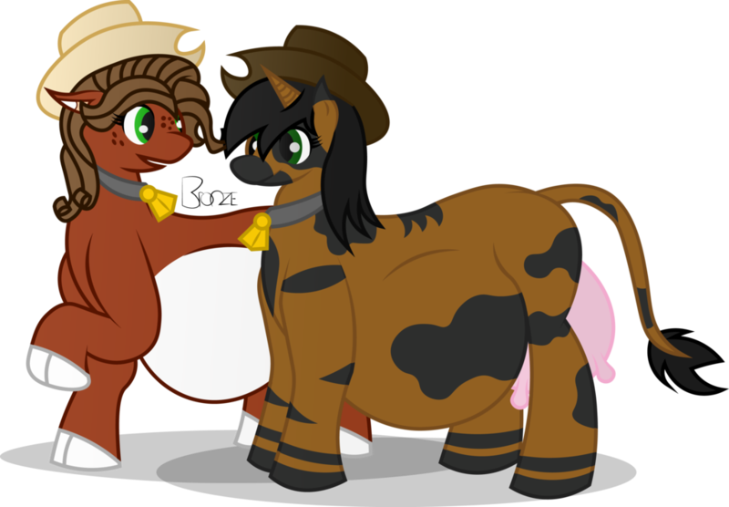 Size: 1024x712 | Tagged: artist:bronzepony, belly, cloven hooves, cowbell, cow pony, derpibooru import, hat, implied vore, oc, oc:bronze, oc:southern comfort, safe, udder, unofficial characters only