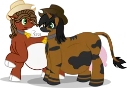 Size: 1024x712 | Tagged: artist:bronzepony, belly, cloven hooves, cowbell, cow pony, derpibooru import, hat, implied vore, oc, oc:bronze, oc:southern comfort, safe, udder, unofficial characters only