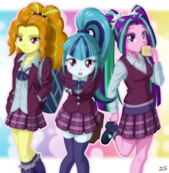 Size: 978x1000 | Tagged: safe, artist:uotapo, derpibooru import, adagio dazzle, aria blaze, sonata dusk, equestria girls, friendship games, adoragio, ariabetes, clothes, colored pupils, crystal prep academy, crystal prep academy uniform, cute, dazzlebetes, eating, female, food, frilly socks, looking at you, pigtails, ponytail, school uniform, schoolgirl toast, socks, sonatabetes, stockings, the dazzlings, toast, twintails, uotapo is trying to murder us, zettai ryouiki