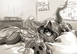 Size: 1280x889 | Tagged: artist:gsphere, bed, bob dylan, clock, derpibooru import, female, guitar, hilarious in hindsight, monochrome, queen chrysalis, safe, sketch, solo, song reference, the times they are a-changin, wip