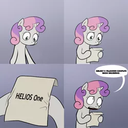 Size: 600x600 | Tagged: safe, derpibooru import, sweetie belle, pony, robot, unicorn, comic, ed-e, exploitable meme, eyebot, fallout, fallout: new vegas, female, filly, foal, helios one, hooves, horn, meme, solo, sweetie bot, sweetie's note meme