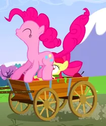 Size: 464x552 | Tagged: safe, derpibooru import, screencap, apple bloom, pinkie pie, earth pony, pony, too many pinkie pies, cart, cropped, eyes closed, female, filly, mare, out of context