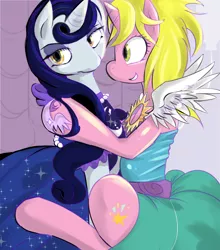 Size: 900x1022 | Tagged: safe, artist:suzumaru, derpibooru import, moonlight raven, sunshine smiles, pony, unicorn, canterlot boutique, clothes, cute, dress, female, mare, over the moon, sisters, tripping the light