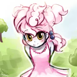 Size: 750x750 | Tagged: safe, artist:lumineko, derpibooru import, cotton puff, human, brotherhooves social, equestria girls, blushing, clothes, cute, dress, equestria girls-ified, female, hands behind back, humanized, solo, tongue out