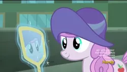 Size: 640x360 | Tagged: safe, derpibooru import, screencap, pearmain worcester, pony, made in manehattan, cloche hat, female, hat, mare, mirror
