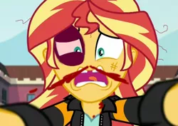 Size: 868x616 | Tagged: semi-grimdark, derpibooru import, edit, screencap, sunset shimmer, equestria girls, friendship games, abuse, abuse edit, black eye, blood, downvote bait, edgy, eqg abuse edits, female, nosebleed, shimmerbuse