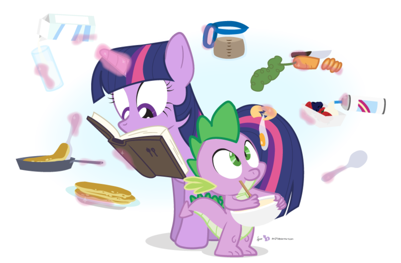 Size: 950x625 | Tagged: artist:dm29, breakfast, carrot, coffee, cookbook, derpibooru import, duo, egg, magic, pancakes, safe, simple background, spatula, spike, spoon, transparent background, twilight sparkle