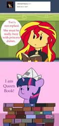 Size: 1280x2730 | Tagged: safe, artist:estrill, derpibooru import, sunset shimmer, twilight sparkle, equestria girls, friendship games, book, book fort, cute, hat, paper hat, that pony sure does love books, twiabetes