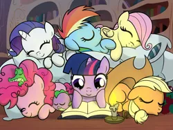 Size: 8000x6000 | Tagged: safe, artist:drawponies, derpibooru import, applejack, fluttershy, gummy, pinkie pie, rainbow dash, rarity, spike, twilight sparkle, dragon, earth pony, pony, unicorn, absurd resolution, book, candle, cuddle puddle, cuddling, cute, dashabetes, diapinkes, eyes closed, female, filly, hat, jackabetes, male, mane seven, mane six, open mouth, pillow, raribetes, shyabetes, sleeping, smiling, snuggling, spikabetes, twiabetes, weapons-grade cute, younger