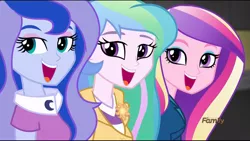 Size: 1360x768 | Tagged: safe, derpibooru import, edit, edited screencap, screencap, princess cadance, princess celestia, princess luna, equestria girls, friendship games, dean cadance, looking at you, no makeup edit, open mouth, principal celestia, smiling, vice principal luna