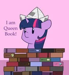 Size: 1280x1392 | Tagged: safe, artist:estrill, derpibooru import, twilight sparkle, pony, unicorn, adorkable, book, book fort, bookhorse, cute, dork, female, floppy ears, hat, paper hat, smiling, solo, that pony sure does love books, twiabetes