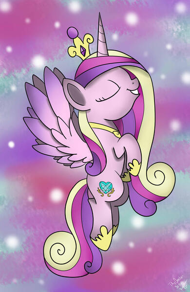 Size: 1974x3037 | Tagged: safe, artist:theartistsora, derpibooru import, princess cadance, alicorn, pony, abstract background, eyes closed, female, flying, grin, mare, solo