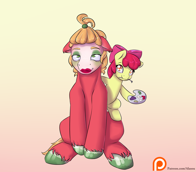 Size: 1600x1400 | Tagged: safe, artist:alasou, deleted from derpibooru, derpibooru import, apple bloom, big macintosh, earth pony, pony, alternate hairstyle, brush, floppy ears, gradient background, hilarious in hindsight, makeup, male, mouth hold, nail polish, palette, patreon, patreon logo, sitting, smiling, stallion, toenail polish, unshorn fetlocks