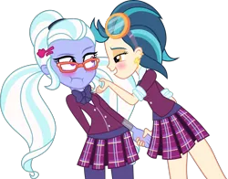 Size: 4000x3136 | Tagged: suggestive, artist:xebck, derpibooru import, indigo zap, sugarcoat, equestria girls, friendship games, :i, absurd resolution, bedroom eyes, blushing, bowtie, clothes, crystal prep academy, crystal prep academy uniform, crystal prep shadowbolts, duo, ear piercing, exploitable meme, female, glasses, goggles, lesbian, meme, open mouth, piercing, pigtails, pleated skirt, school uniform, simple background, skirt, sugarzap, transparent background