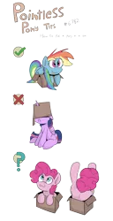 Size: 1746x3404 | Tagged: dead source, safe, artist:jittery-the-dragon, derpibooru import, pinkie pie, rainbow dash, twilight sparkle, twilight sparkle (alicorn), alicorn, pony, :3, :c, :p, box, cute, dashabetes, diapinkes, female, mare, now you're thinking with portals, pinkie being pinkie, pointless pony tips, pony in a box, portal, silly, silly pony, tongue out, twiabetes, twilight is not amused
