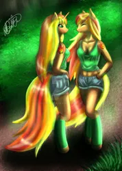 Size: 1024x1435 | Tagged: safe, artist:jengaleia, derpibooru import, oc, oc:blaze firestorm, oc:flare firestorm, unofficial characters only, anthro, unguligrade anthro, unicorn, anthro oc, clothes, daisy dukes, female, leg warmers, mare, sisters, tanktop, tattoo, twin sisters, twins