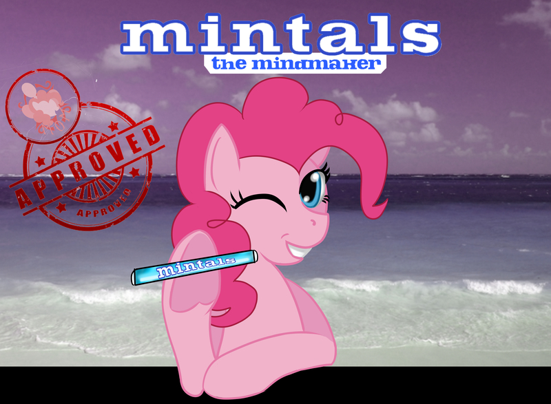 Size: 3000x2200 | Tagged: safe, artist:elmutanto, derpibooru import, pinkie pie, earth pony, pony, fallout equestria, fanfic, advertisement, beach, fanfic art, female, hooves, looking at you, mare, mentos, ministry mares, ministry of morale, mint-als, party time mintals, poster, smiling, solo, stamp of approval, teeth, text, underhoof, wink