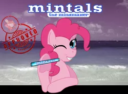 Size: 3000x2200 | Tagged: safe, artist:elmutanto, derpibooru import, pinkie pie, earth pony, pony, fallout equestria, fanfic, advertisement, beach, fanfic art, female, hooves, looking at you, mare, mentos, ministry mares, ministry of morale, mint-als, party time mintals, poster, smiling, solo, stamp of approval, teeth, text, underhoof, wink