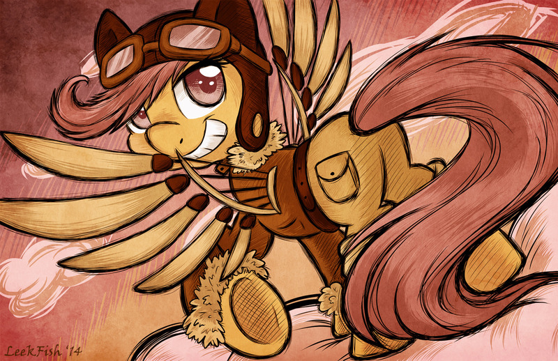 Size: 1280x828 | Tagged: safe, artist:abbystarling, deleted from derpibooru, derpibooru import, scootaloo, pegasus, pony, artificial wings, augmented, aviator glasses, aviator hat, bomber jacket, goggles, hat, looking at you, looking back, looking back at you, mechanical wing, plot, scootaloo can fly, solo, steampunk, underhoof, wings