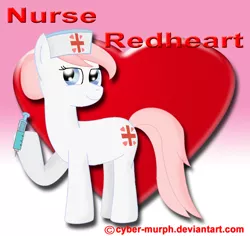 Size: 900x848 | Tagged: artist:cyber-murph, derpibooru import, heart, looking at you, nurse redheart, safe, smiling, solo, syringe