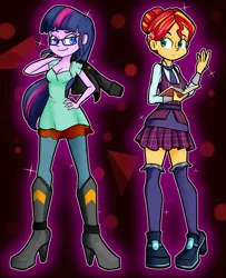 Size: 882x1088 | Tagged: safe, artist:ohohokapi, deleted from derpibooru, derpibooru import, part of a set, sci-twi, sunset shimmer, twilight sparkle, equestria girls, friendship games, book, clothes, clothes swap, crystal prep academy uniform, female, jacket, leather jacket, plaid skirt, role reversal, school uniform, shoes, skirt