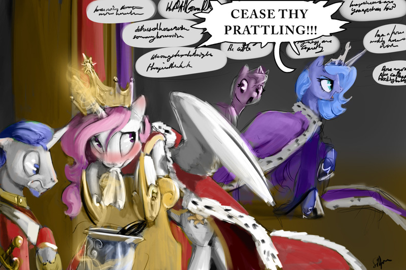 Size: 1280x853 | Tagged: artist:silfoe, court, derpibooru import, ermine, filly, magic, modified accessory, past, pink-mane celestia, princess celestia, princess luna, royal guard, royal sketchbook, s1 luna, safe, shame, sick, telekinesis, younger