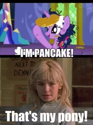 Size: 456x614 | Tagged: alicorn, bench, cabin fever, caption, castle sweet castle, derpibooru import, discovery family logo, edit, food, horn impalement, human, image macro, i'm pancake, long hair, male, meme, movie, pancakes, safe, screencap, that's my pony, that's my x, twilight sparkle, twilight sparkle (alicorn)
