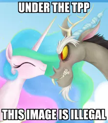 Size: 706x800 | Tagged: angry, artist:mn27, derpibooru import, discord, drama, edit, eyes closed, frown, glare, gritted teeth, happy, image macro, meme, princess celestia, safe, smiling, trans-pacific partnership