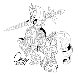Size: 1000x959 | Tagged: safe, artist:omny87, derpibooru import, rarity, pony, unicorn, armor, black and white, chaos space marine, commission, crossover, fabulous, female, gem, grayscale, iron warriors, mare, monochrome, power armor, power sword, signature, simple background, solo, sword, warhammer (game), warhammer 40k, weapon, white background