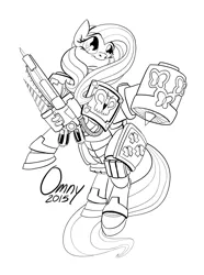 Size: 1000x1347 | Tagged: safe, artist:omny87, derpibooru import, fluttershy, pegasus, pony, armor, black and white, chaos space marine, commission, crossover, female, grayscale, iron warriors, mare, monochrome, narthecium, power armor, signature, simple background, solo, turbine, warhammer (game), warhammer 40k, white background