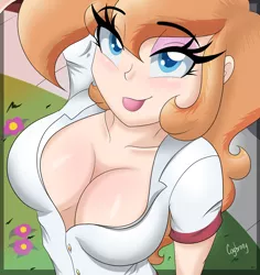 Size: 900x952 | Tagged: suggestive, artist:thebrokencog, derpibooru import, oc, oc:peachy cream, unofficial characters only, human, bedroom eyes, big breasts, breasts, cleavage, female, humanized, humanized oc, solo, solo female, tongue out