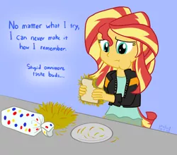 Size: 1000x880 | Tagged: safe, artist:phallen1, derpibooru import, sunset shimmer, equestria girls, 30 minute art challenge, eating, hay, homesick shimmer, humans doing horse things, monologue, omnivore, sandwich, solo, sunset wants her old digestive system back, thought bubble, wonder bread
