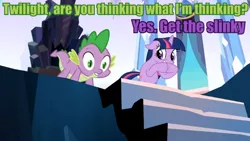 Size: 720x405 | Tagged: derpibooru import, edit, edited screencap, green text, hooves together, image macro, meme, purple text, safe, screencap, slinky, spike, stairs, the crystal empire, twilight sparkle